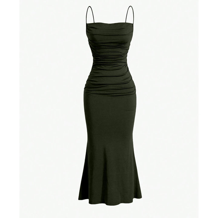 Green evening gown with thin straps on a white background
