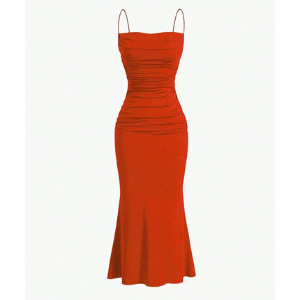 Red evening gown with thin straps on a white background