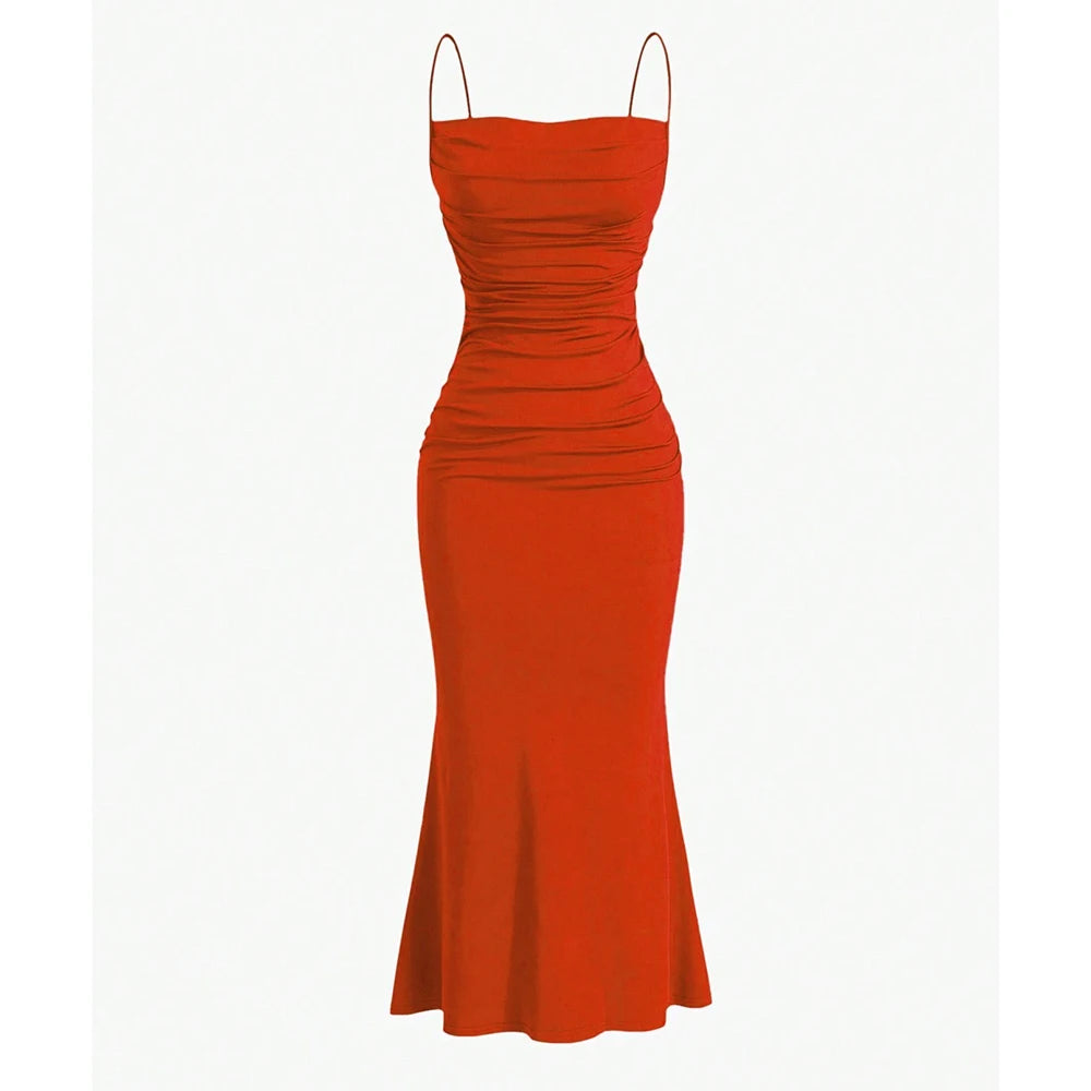 Red evening gown with thin straps on a white background