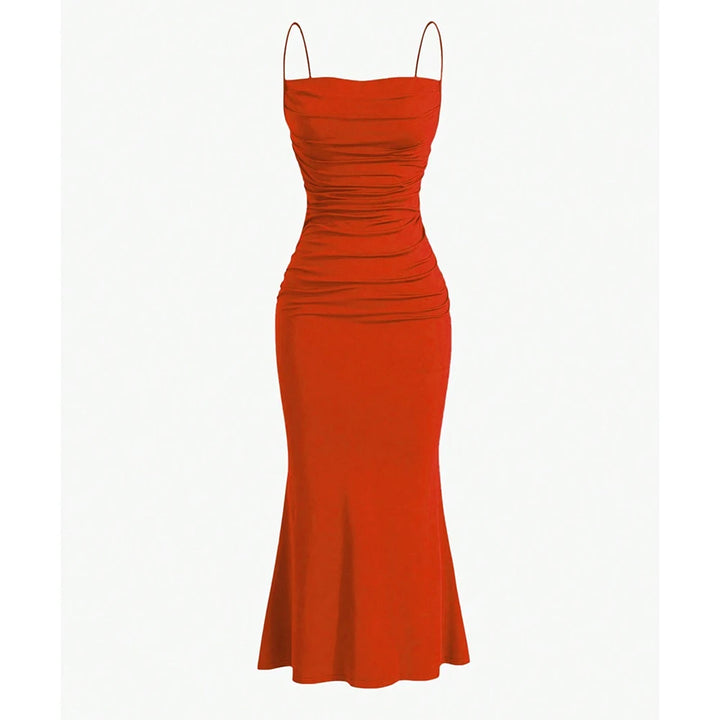 Red evening gown with thin straps on a white background