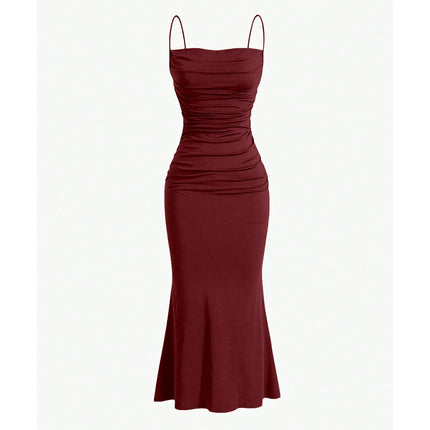 Maroon dress with thin straps on a white background