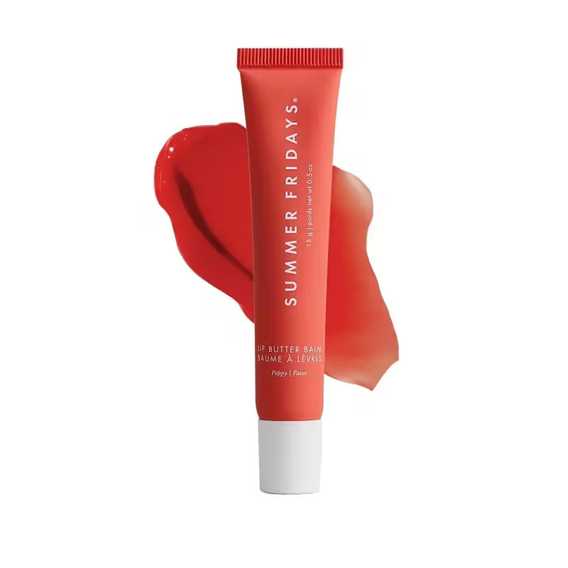 Red Summer Fridays lip balm tube with a swatch on a white background