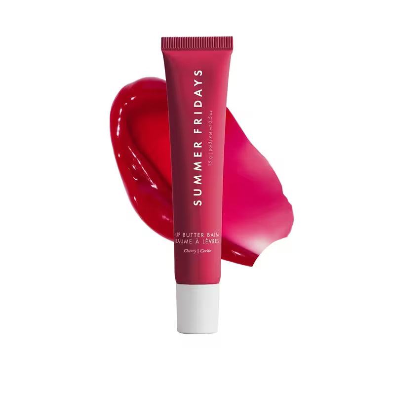 Red lip balm tube with 'Summer Fridays' branding on a white background