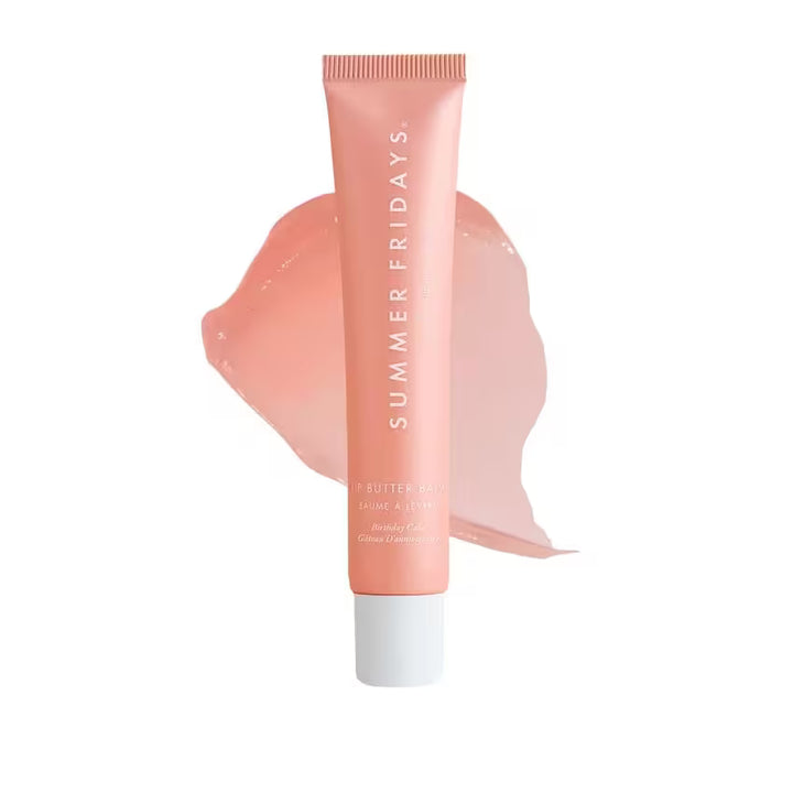 Pink Summer Fridays skincare product with a white cap on a white background