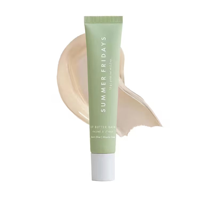 Tube of Summer Fridays lip butter balm with a swatch of cream on a white background