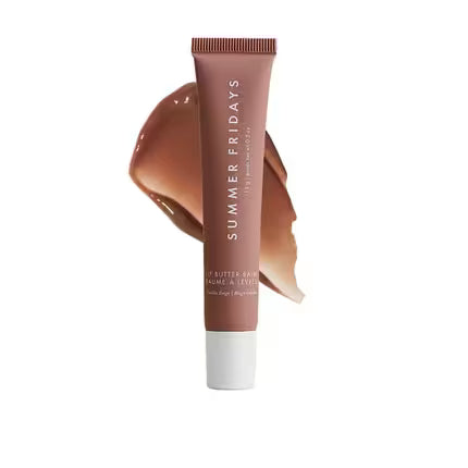 Tube of Summer Fridays lip butter with a swatch on a white background