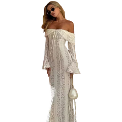 Woman in a white lace dress with a pearl-handled bag on a transparent background