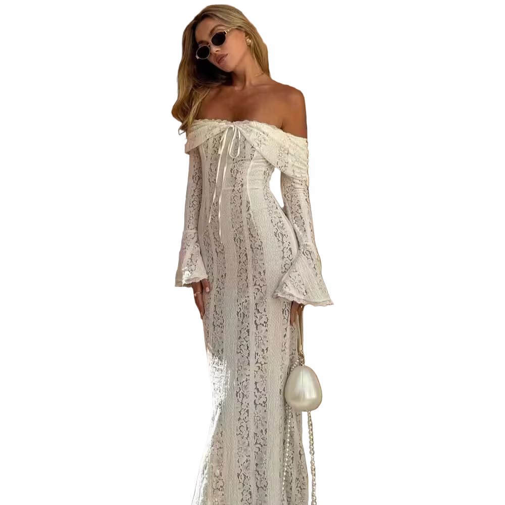 Woman in a white lace dress with a pearl-handled bag on a transparent background
