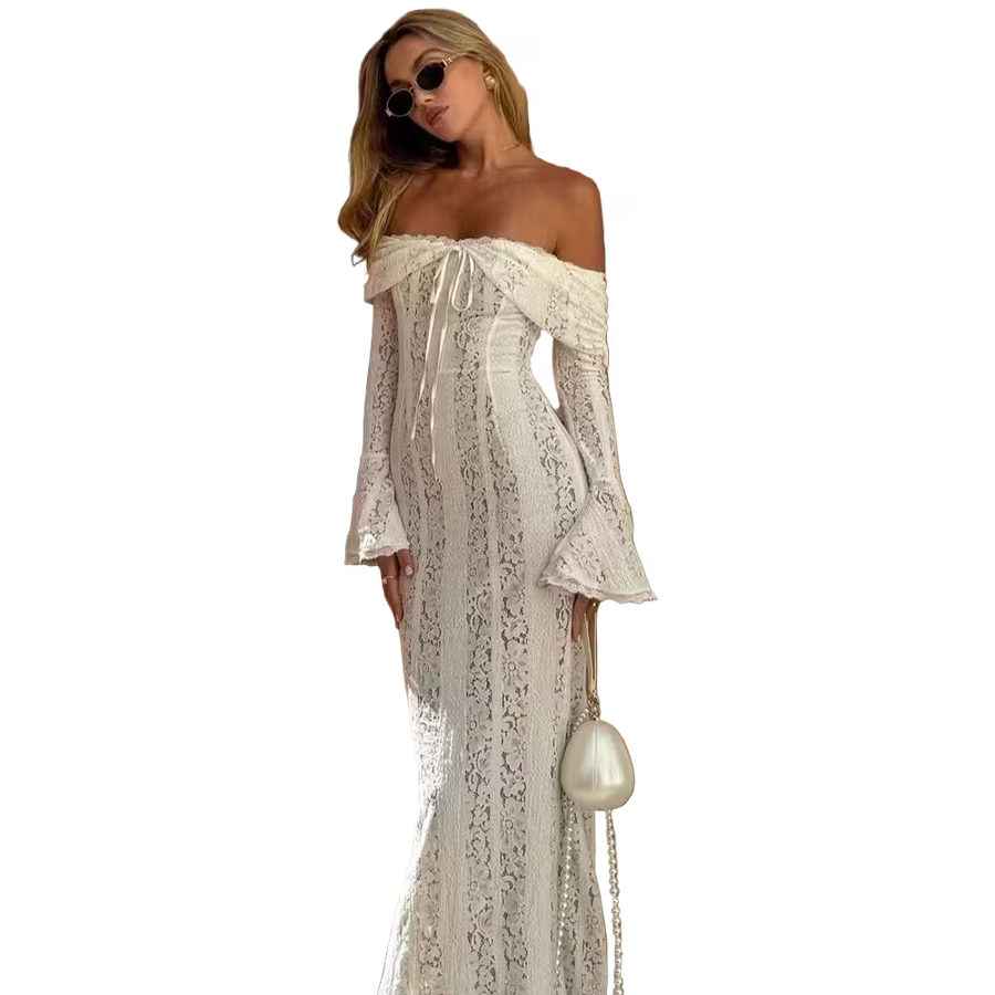 Woman in a white lace dress with a pearl-handled bag on a transparent background