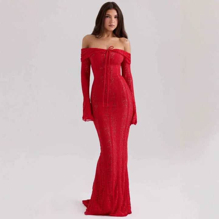 Red off-shoulder dress worn by a model on a white background
