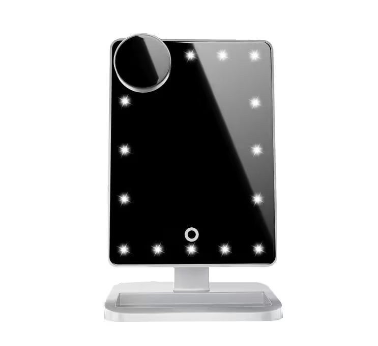 Makeup mirror with LED lights on a white background