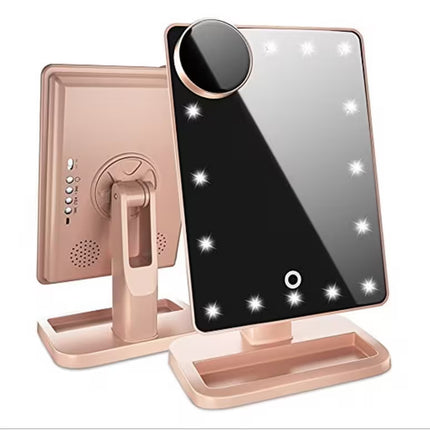Makeup mirror with LED lights and a stand on a white background