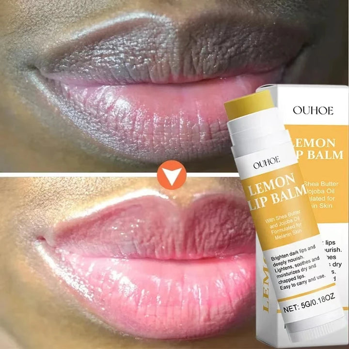 Lemon lip balm with packaging on a close-up of lips