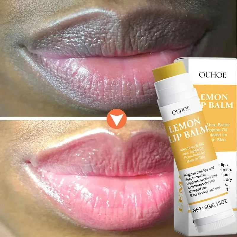 Lemon lip balm with packaging on a close-up of lips