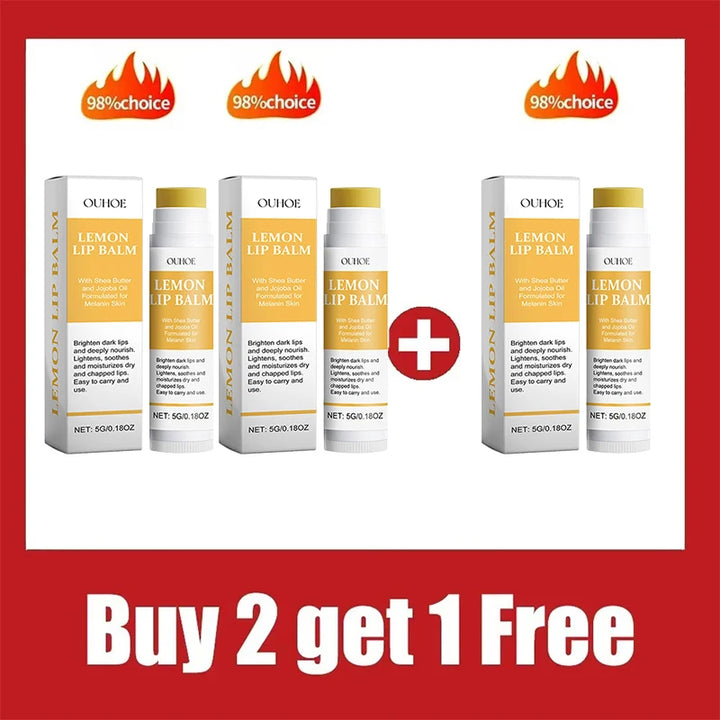 OUENC lemon lip balm packaging with promotional text on a red background