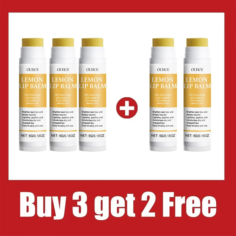 Lemon lip balm packaging with promotional text on a red background