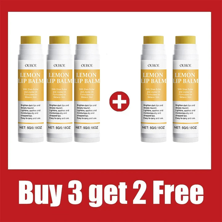 Lemon lip balm packaging with promotional text on a red background