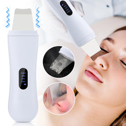 Facial cleansing device with close-up insets on a blurred background