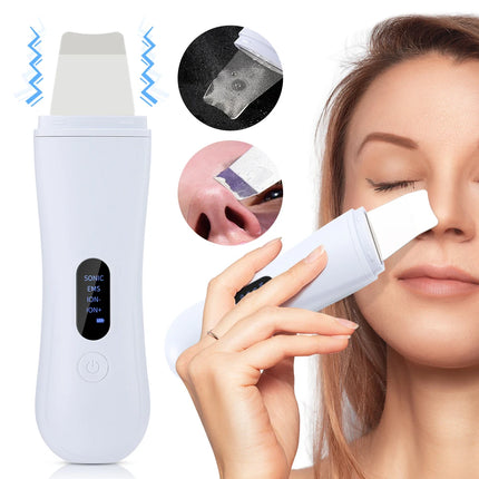 Facial cleansing device with close-up shots and a woman using it.