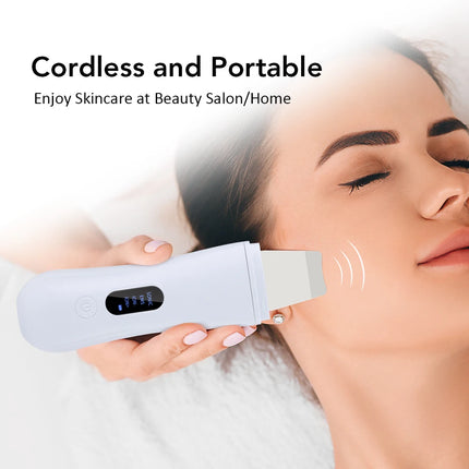 Woman using a cordless skincare device with text 'Cordless and Portable' on a blurred background.