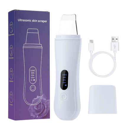 Ultrasonic skin scrubber with packaging, cable, and attachment on a white background