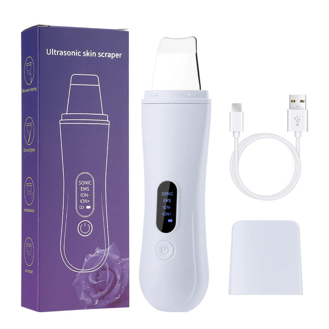 Ultrasonic skin scrubber with packaging, cable, and attachment on a white background