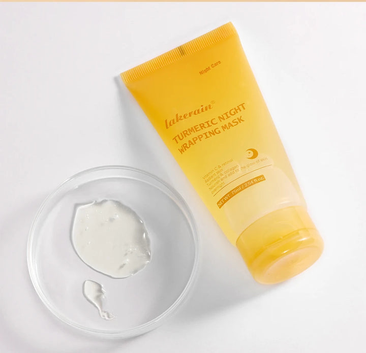 Tube of Lakme Turmeric Night Wrapping Mask with a sample on a white background