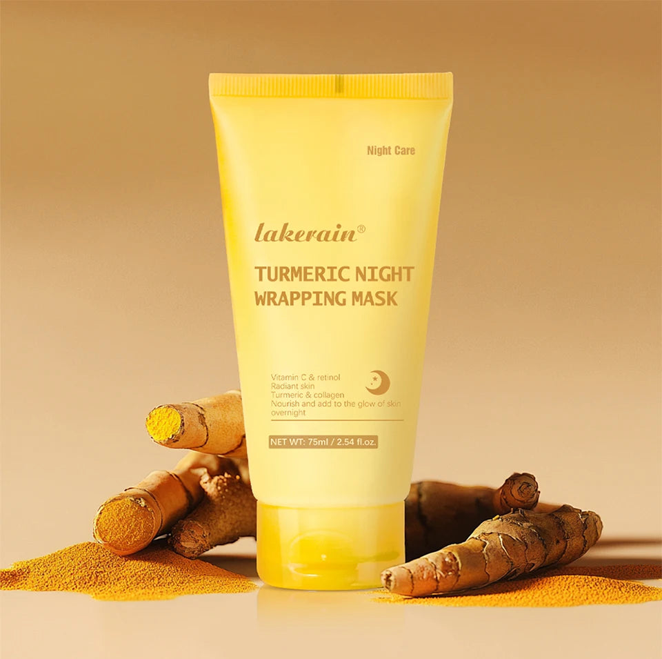 Tube of Lakme Turmeric Night Wrapping Mask with a sample on a white background