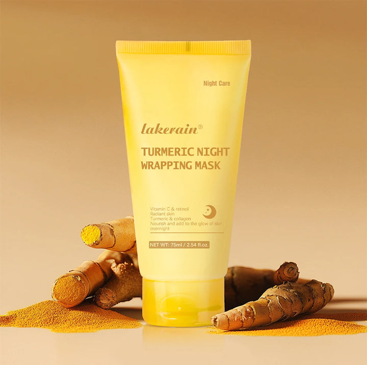Tube of Lakme Turmeric Night Wrapping Mask with a sample on a white background