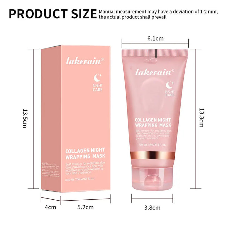 Lakerain collagen night wrapping mask packaging and product dimensions on a white background