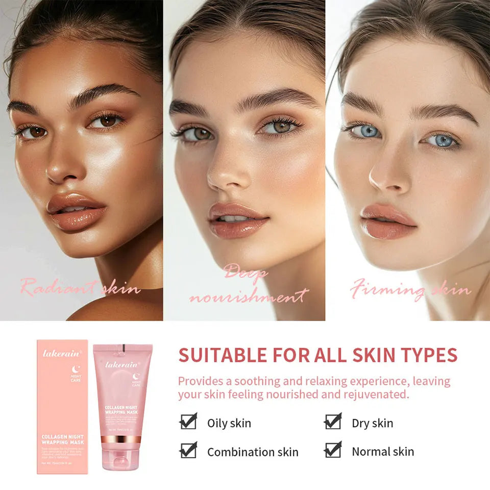 Three women with different skin tones and expressions, with a product and text about skin care suitability.