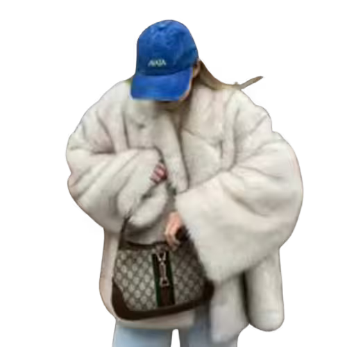 Person wearing a white coat and blue cap with a handbag on a transparent background