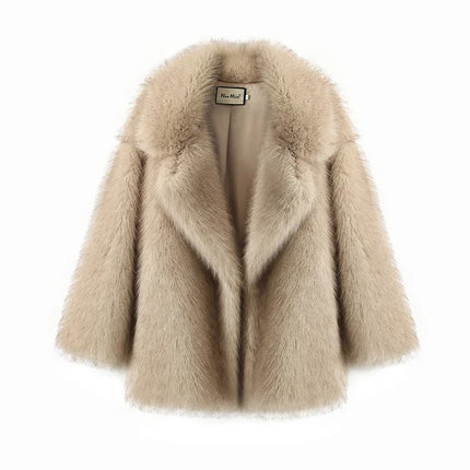 Beige faux fur coat on a white background
