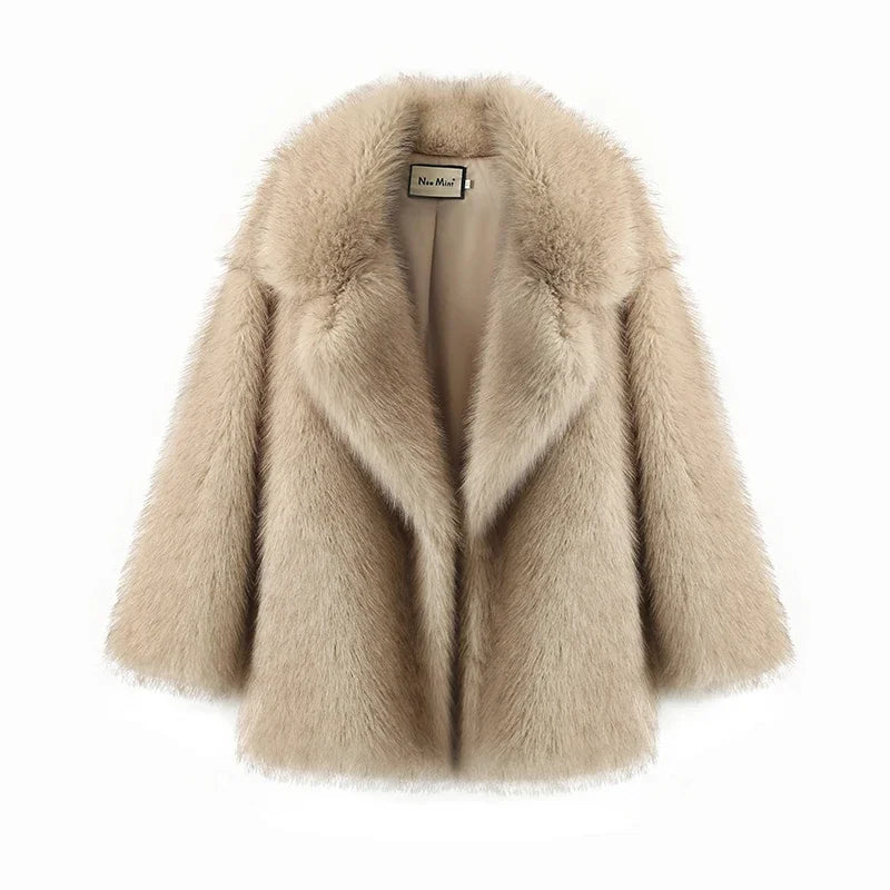 Beige faux fur coat on a white background