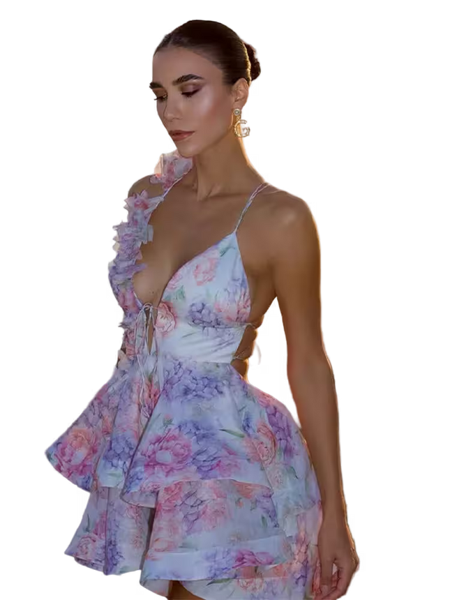 Woman wearing a floral dress on a transparent background