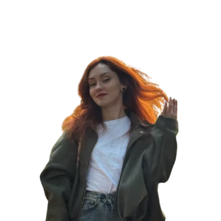 Woman with orange hair wearing a green jacket and white shirt on a transparent background