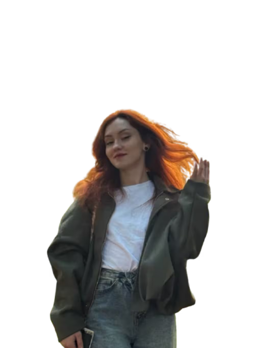 Woman with orange hair wearing a green jacket and white shirt on a transparent background